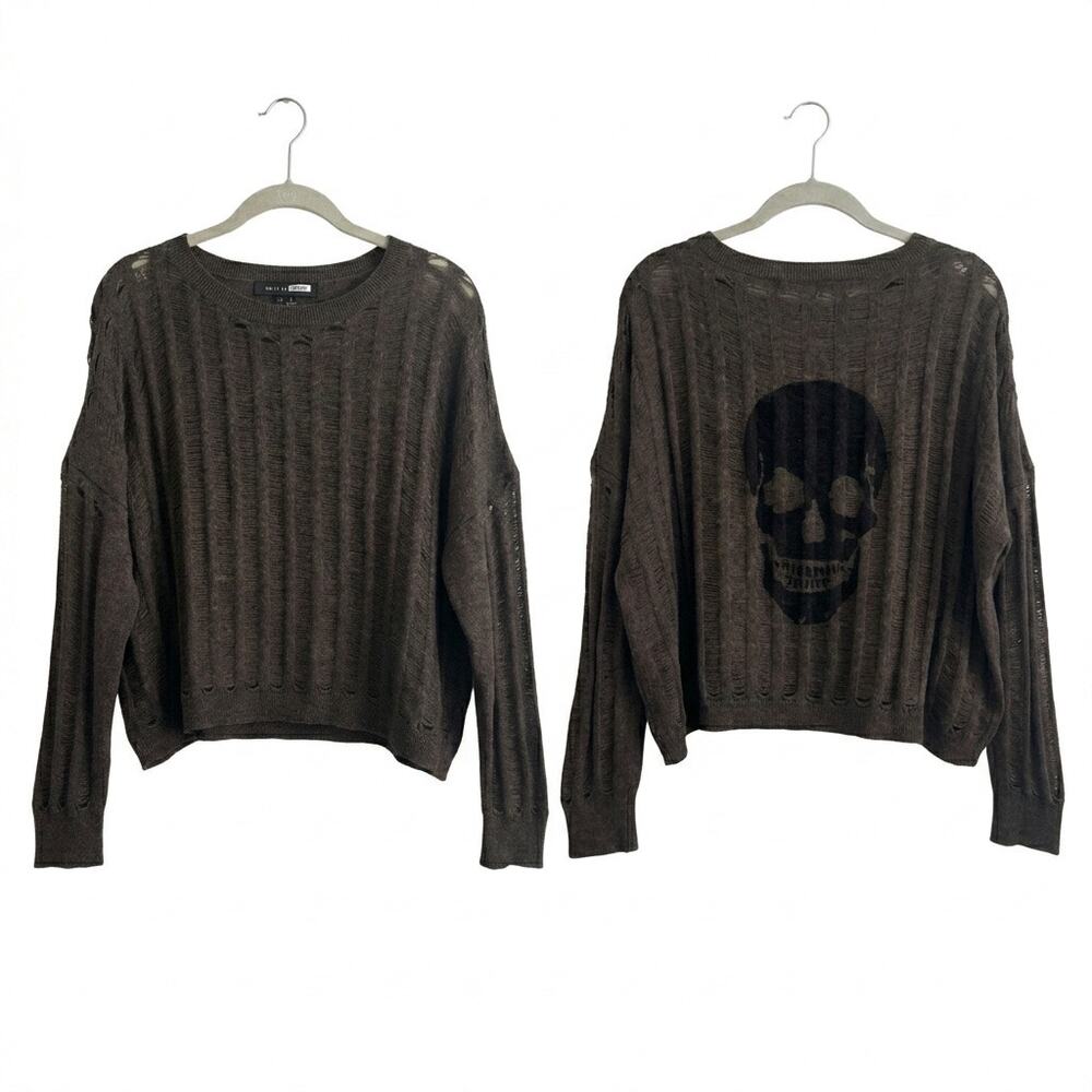SKULL CASHMERE Distressed Knit Sweater M Brown Skull Back Cropped